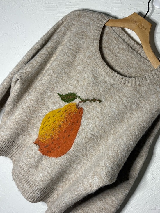 Cider Sweaters - CIDER Pear Graphic Knit Sweater Women Plus 1XL Wool Oversized Cream Cottagecore